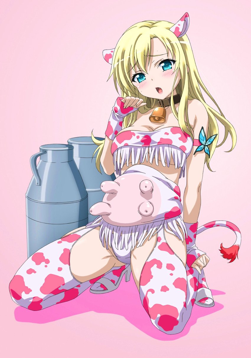 1girls animal_ears animal_print bandeau bare_shoulders bell blonde_hair blue_butterfly blue_eyes blush boku_wa_tomodachi_ga_sukunai bottle breasts bug butterfly commentary_request cow_ears cow_girl cow_print cow_print_gloves cow_print_thighhighs cow_tail cowbell full_body gloves hand_up high_heels highres hucow insects kashiwazaki_sena kneeling large_breasts long_hair milk_bottle neck_bell open_mouth pink_armband pink_background pink_bandeau pink_gloves pink_tail pink_thighhighs print_gloves print_thighhighs shadow solo tail thighhighs udder udders underboob watanabe_yoshihiro white_footwear