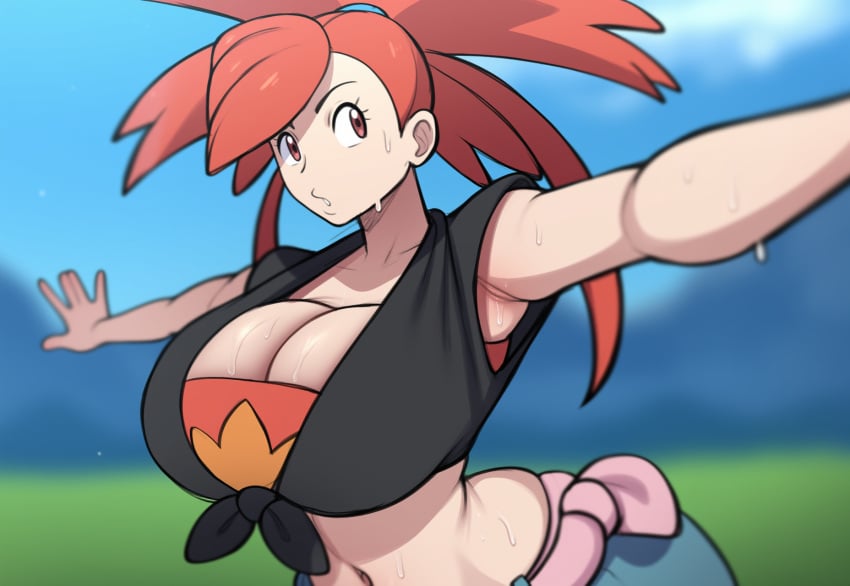 ai_generated big_breasts day female female_focus female_only flannery_(pokemon) jeans mullon novelai pokemon pokemon_rse red_hair solo solo_female sweat