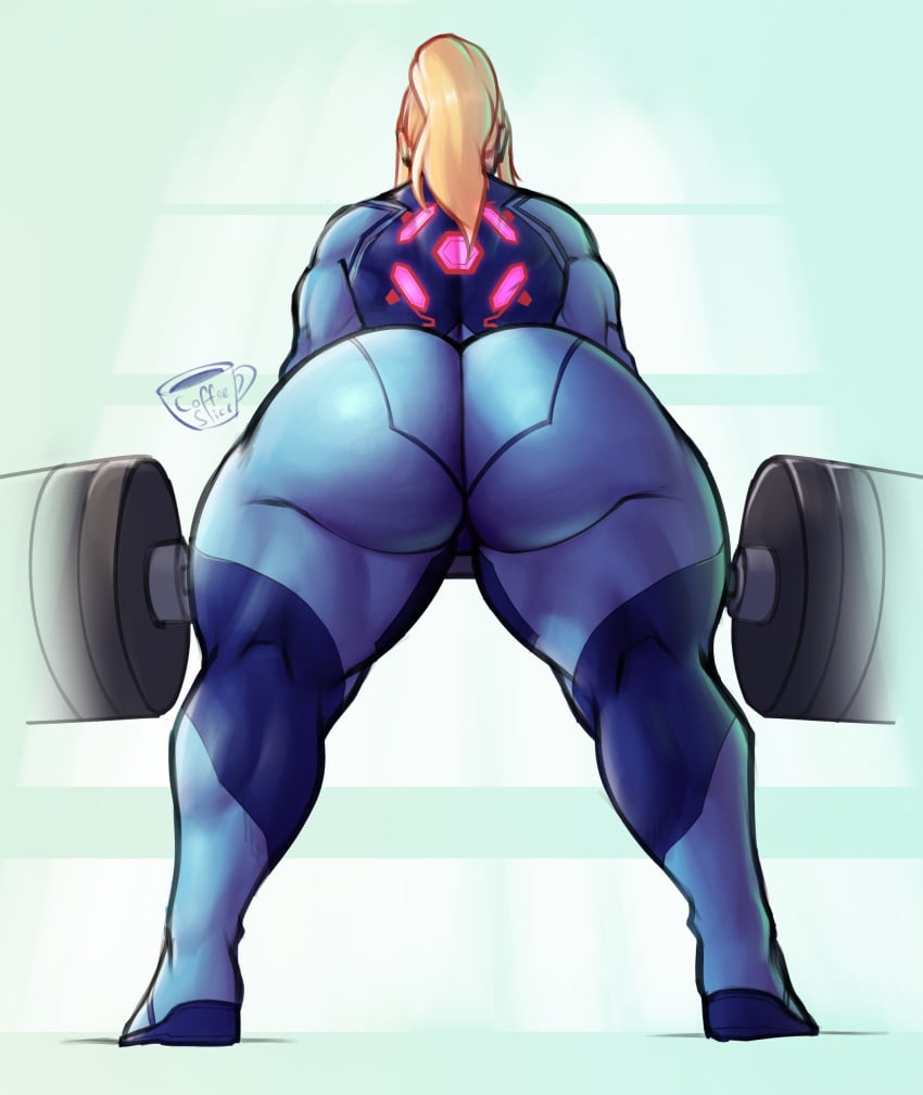 1girls back_view barbell big_ass blonde_hair bodysuit bubble_butt coffeeslice dat_ass fat_ass full_body huge_ass metroid muscular_arms muscular_female nintendo ponytail samus_aran thick_thighs weightlifting zero_suit_samus