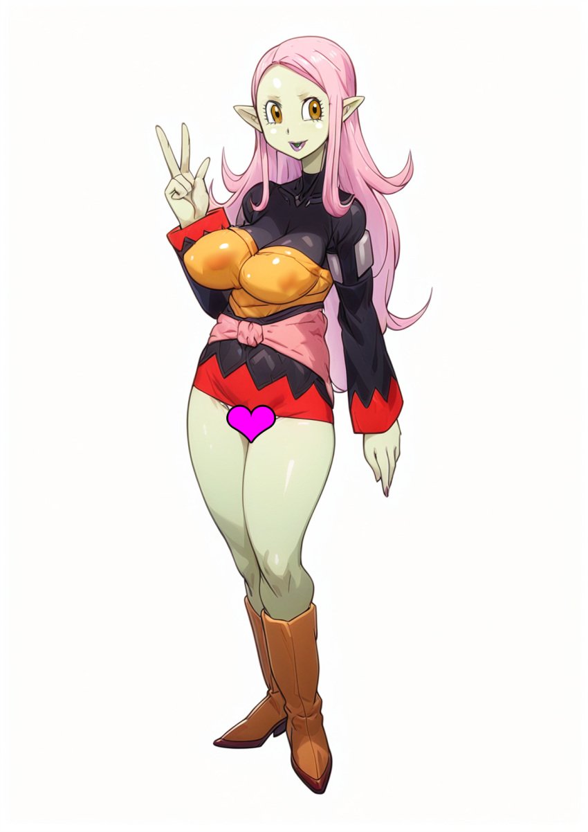 1girls artist_name artist_request beautiful_woman_with_weird_hat_(dragon_ball_daima) breasts censored dragon_ball dragon_ball_daima green_skin heart_censor large_breasts long_hair looking_at_viewer nameless_demon_girl_(dragon_ball_daima) peace_sign pink_hair solo solo_female solo_focus thick thick_thighs thighhighs thighs white_hair yellow_eyes