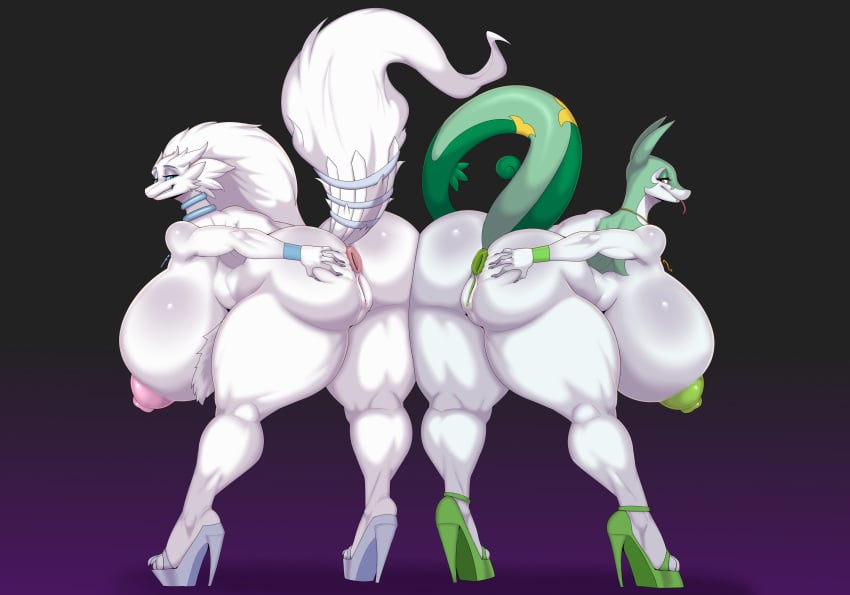 2025 5_fingers absurd_res anthro anus areola ass ber00 big_breasts breasts clothing digital_media_(artwork) duo female female/female fingers footwear generation_5_pokemon genitals hi_res huge_breasts legendary_pokemon nintendo nipples pokemon pokemon_(species) pussy reshiram serperior simple_background tail tongue tongue_out
