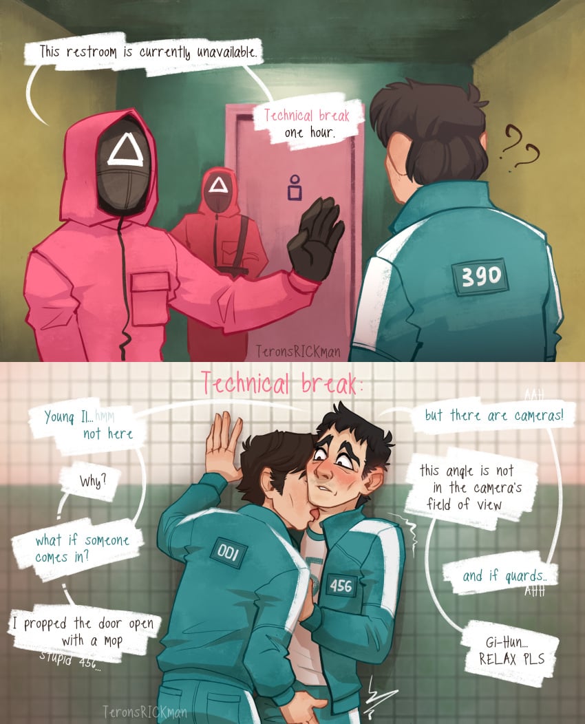 bathroom bathroom_sex black_hair blush brown_hair comic exhibitionism grabbing_penis groping humor hwang_in-ho kissing_neck leaning_against_wall licking_neck light-skinned_male male/male pink_guard seong_gi-hun squid_game text text_bubble track_jacket yaoi