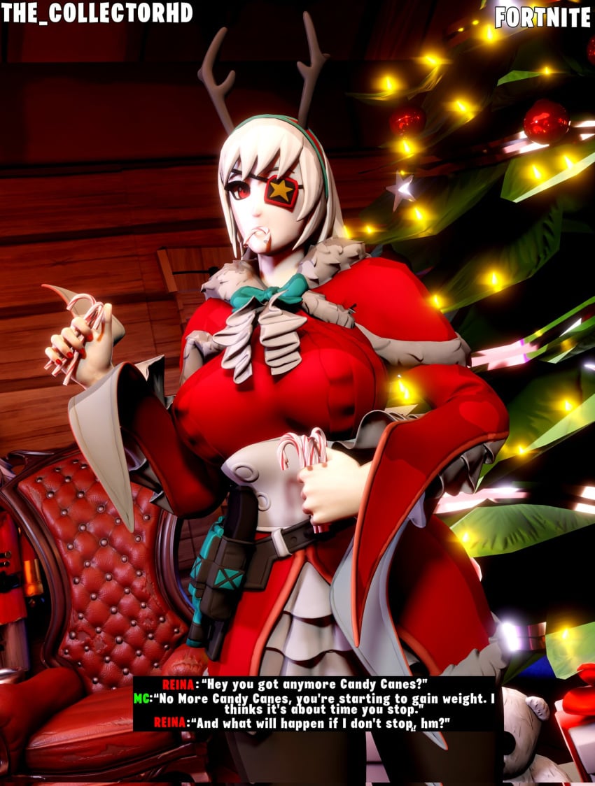 big_breasts blonde_hair breasts christmas christmas_clothing christmas_outfit christmas_tree clothed clothed_female clothing comic comic_page deer_horns eating eating_candy eyepatch female fortnite fully_clothed fully_clothed_female headband huge_breasts looking_at_viewer pantyhose red_eyes reina_(fortnite) sfw sfw_version talking_to_partner text text_box the_collectorhd white_hair