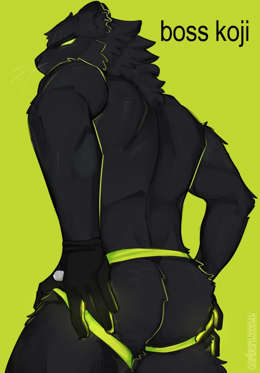 absurd_res anthro ass black_body black_fur boss_koji_(fortnite) brat_(charli_xcx) cerberussenn clothing ear_piercing ear_ring empty_eyes felid fur gloves glowing handwear hi_res jockstrap male mammal muscular muscular_male no_irises pantherine piercing ring_piercing signature solo underwear yellow_sclera