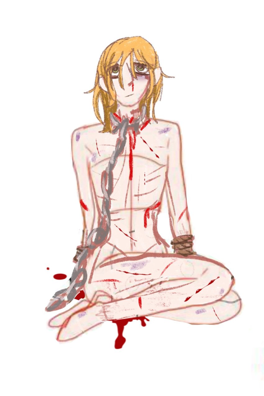 abuse abused androgynous black_eye blood bloody_nose bruise bruised bruised_eye bruises chain_leash chained chains cuts genshin_impact ginger ginger_hair green_eyes kogane_momo malnourished nosebleed rope scars sitting sketch skinny skinny_male thoma_(genshin_impact) tied_up