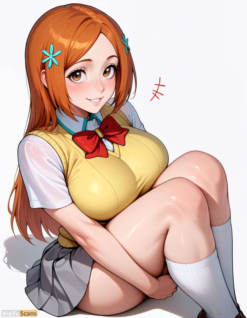 ai_generated artist_name bangs bleach blush bow bowtie breasts brown_eyes collared_shirt female grey_skirt hair_ornament high_resolution highres hugging_own_legs inoue_orihime kneehighs large_breasts long_hair looking_at_viewer orange_hair parted_lips pleated_skirt red_bow red_bowtie school_uniform shirt short_sleeves simple_background sitting skirt smile socks solo stable_diffusion sweater_vest thick_thighs thighs waifuscans418 white_background white_shirt white_socks