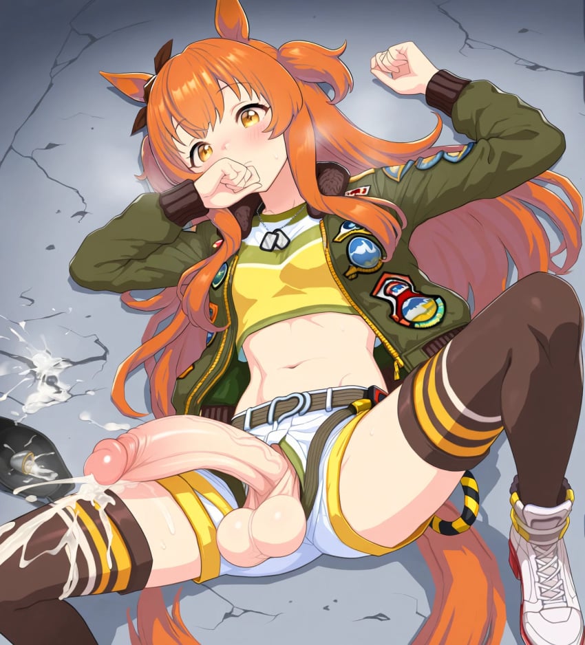 1futa ai_generated animal_ears balls blush cum cum_dripping cumshot female futanari heavy_breathing horse_ears horse_girl horse_tail large_penis mayano_top_gun_(umamusume) open_legs orange_hair penis spread_legs testicles umamusume yellow_eyes