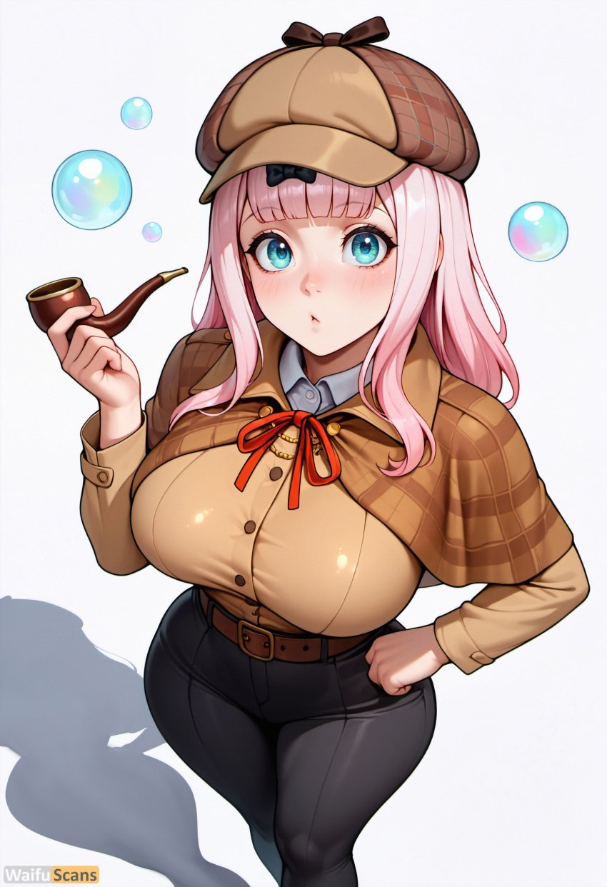 ai_generated artist_name bangs belt black_bow black_pants blue_eyes blunt_bangs blush bow breasts brown_belt brown_headwear bubble bubble_blowing cabbie_hat capelet collared_shirt deerstalker detective female from_above fujiwara_chika hairbow hand_on_hip hat high_resolution highres holding holding_smoking_pipe kaguya-sama_wa_kokurasetai_~tensai-tachi_no_renai_zunousen~ large_breasts long_hair long_sleeves looking_at_viewer magnifying_glass neck_ribbon pants pink_hair red_ribbon ribbon shadow shirt simple_background smoking_pipe solo stable_diffusion waifuscans418 white_background