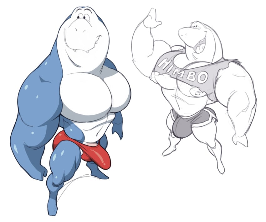 1boy 6:5 abs analon_(artist) anthro biceps blue_body bulge clothing colored fish hanna-barbera hi_res jabberjaw jabberjaw_(character) male male_only marine monochrome multiple_poses muscular muscular_anthro muscular_male nipples non-mammal_nipples pecs pose shark shirt solo tank_top teeth toomanyboners topwear underwear