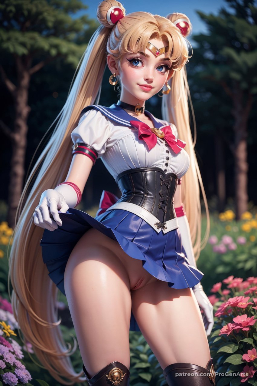 , 1girls ai_generated artist_name bishoujo_senshi_sailor_moon blonde_hair blue_eyes blue_sailor_collar blue_skirt blurry blurry_background bow breasts choker clothes_lift crescent crescent_earrings double_bun earrings elbow_gloves flower gloves hair_bun hair_ornament hi_res jewelry lifted_by_self lips long_hair looking_at_viewer magical_girl medium_breasts no_panties nose outdoors patreon_username pleated_skirt progenarts puffy_short_sleeves puffy_sleeves pussy sailor_collar sailor_moon sailor_senshi_uniform short_sleeves skirt skirt_lift solo standing thighhighs tree tsukino_usagi twintails uncensored usagi_tsukino very_long_hair web_address white_gloves