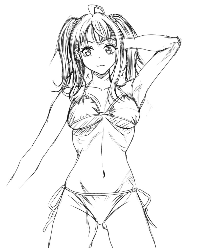 1girls alternate_hairstyle arm_behind_head armpits big_breasts bikini breasts busty female female_only highres kousan large_breasts legs looking_at_viewer make_heroine_ga_oo_sugiru! medium_hair monochrome navel pose posing sensual side-tie_bikini_bottom sketch smile solo swimsuit thighs twintails voluptuous yanami_anna