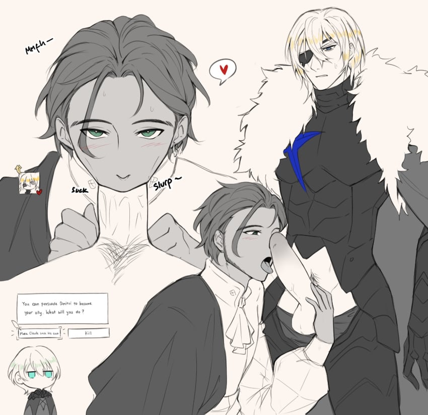 3boys big_penis blowjob byleth_(fire_emblem) byleth_(fire_emblem)_(male) claude_von_riegan deepthroat dimitri_alexandre_blaiddyd eyepatch fellatio fire_emblem fire_emblem:_three_houses gay lyjmmem oral oral_sex yaoi