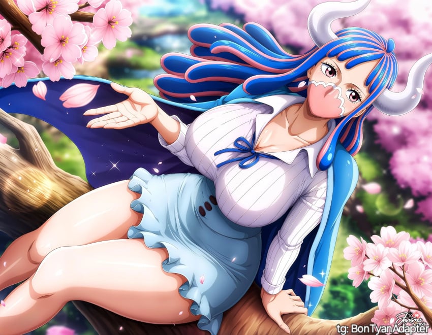 1girls big_breasts blue_hair breasts busty cherry_blossoms curvy face_mask female female_only flower flowers horns jemmasoria long_hair mask outdoors pink_hair shirt sitting skirt solo thick_thighs tree tree_branch two_tone_hair ulti_(one_piece) voluptuous