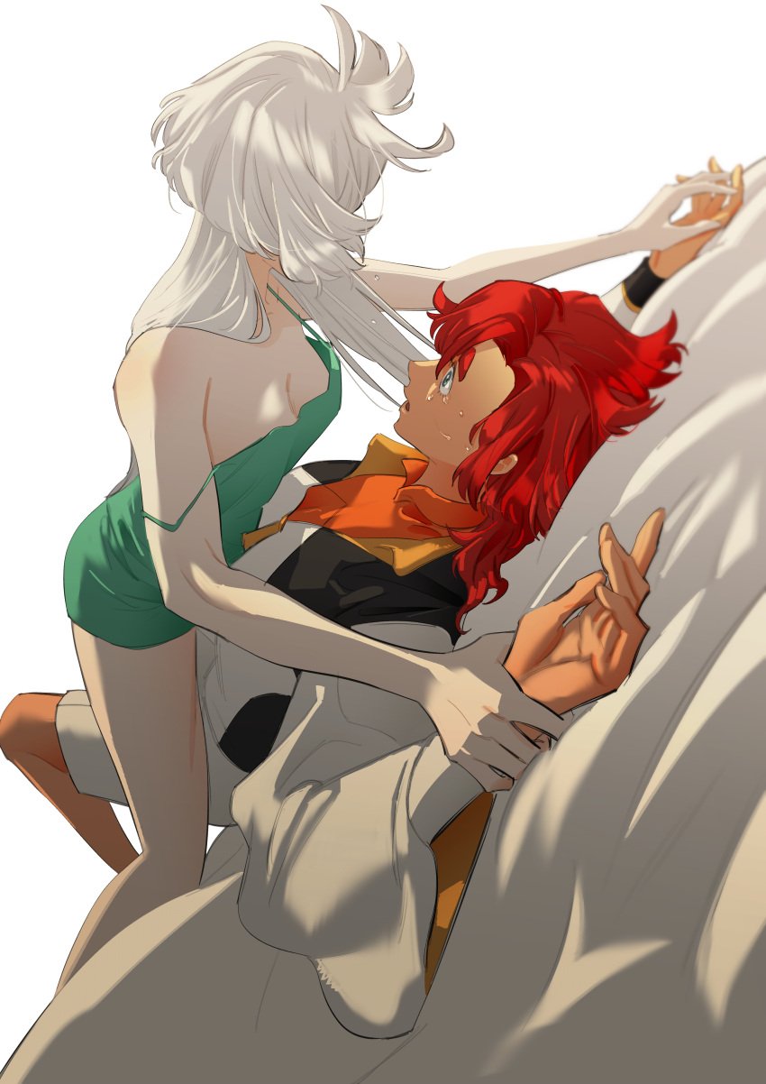 2girls absurdres asticassia_school_uniform blue_eyes breasts camisole cleavage green_camisole green_shorts gundam gundam_suisei_no_majo highres holding_another's_wrist jacket long_hair medium_breasts miorine_rembran multiple_girls open_clothes open_jacket open_mouth red_hair school_uniform shorts simple_background snapagi strap_slip suletta_mercury tears thick_eyebrows white_background white_hair white_jacket white_shorts yuri