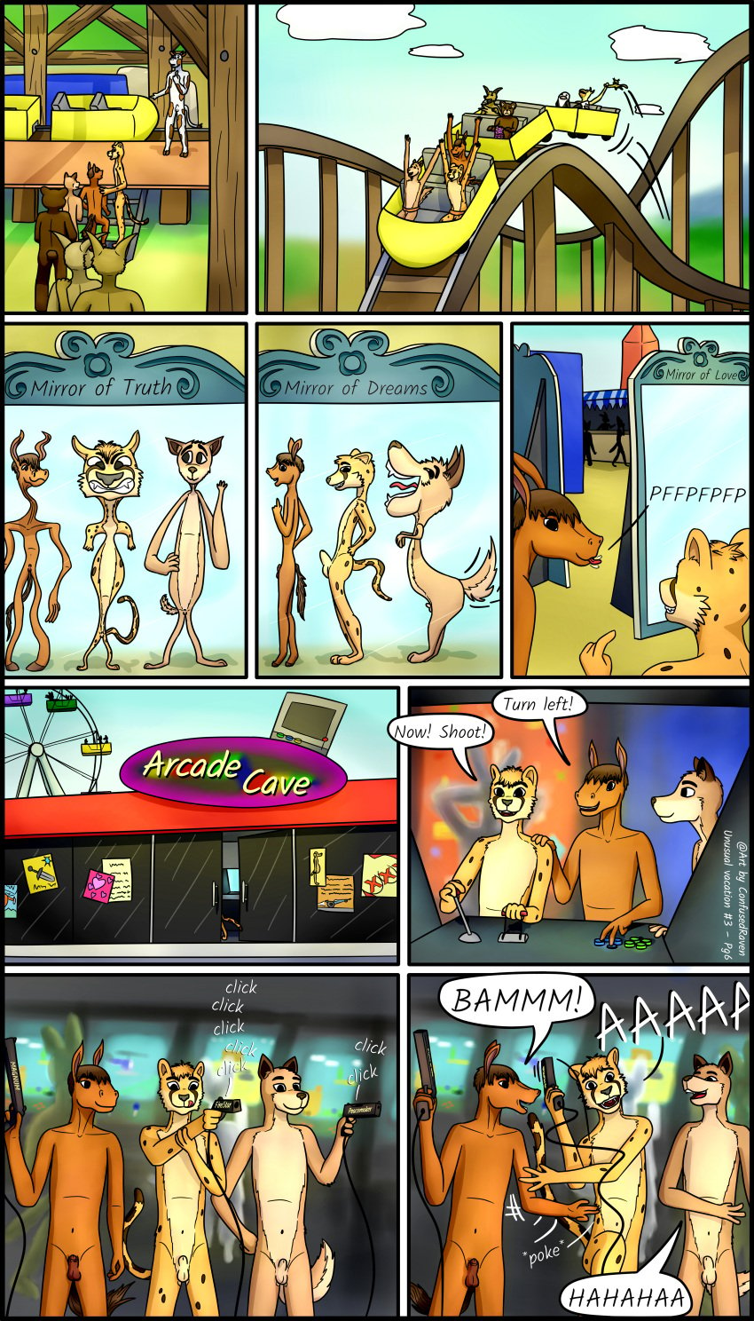 3boys 4:7 absurd_res amusement_park amusement_ride anthro arcade canid canine canis casual_nudity chapter_3 cheetah confusedraven domestic_dog english_text equid equine felid feline flaccid group hi_res horse male male_only male_with_male mammal mirror nude nudist page_6 roller_coaster text