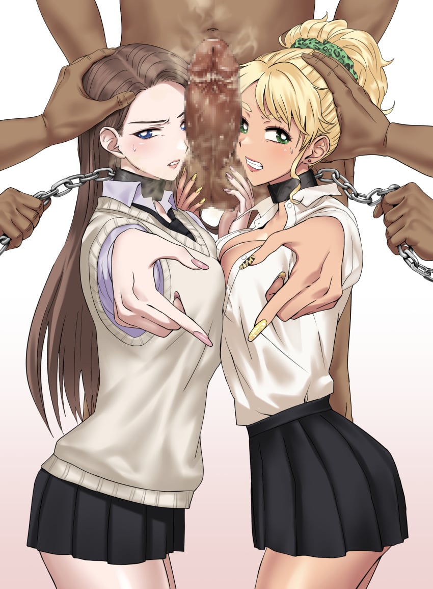 2girls absurdres akisora amane_kei blonde_hair blue_eyes brown_hair censored chains clenched_teeth dark_skin dress_shirt green_eyes highres ijichi_kotoko long_hair mosaic_censoring multiple_boys multiple_girls non-web_source otaku_ni_yasashii_gal_wa_inai!? penis ponytail school_uniform shirt skirt smegma tan teeth