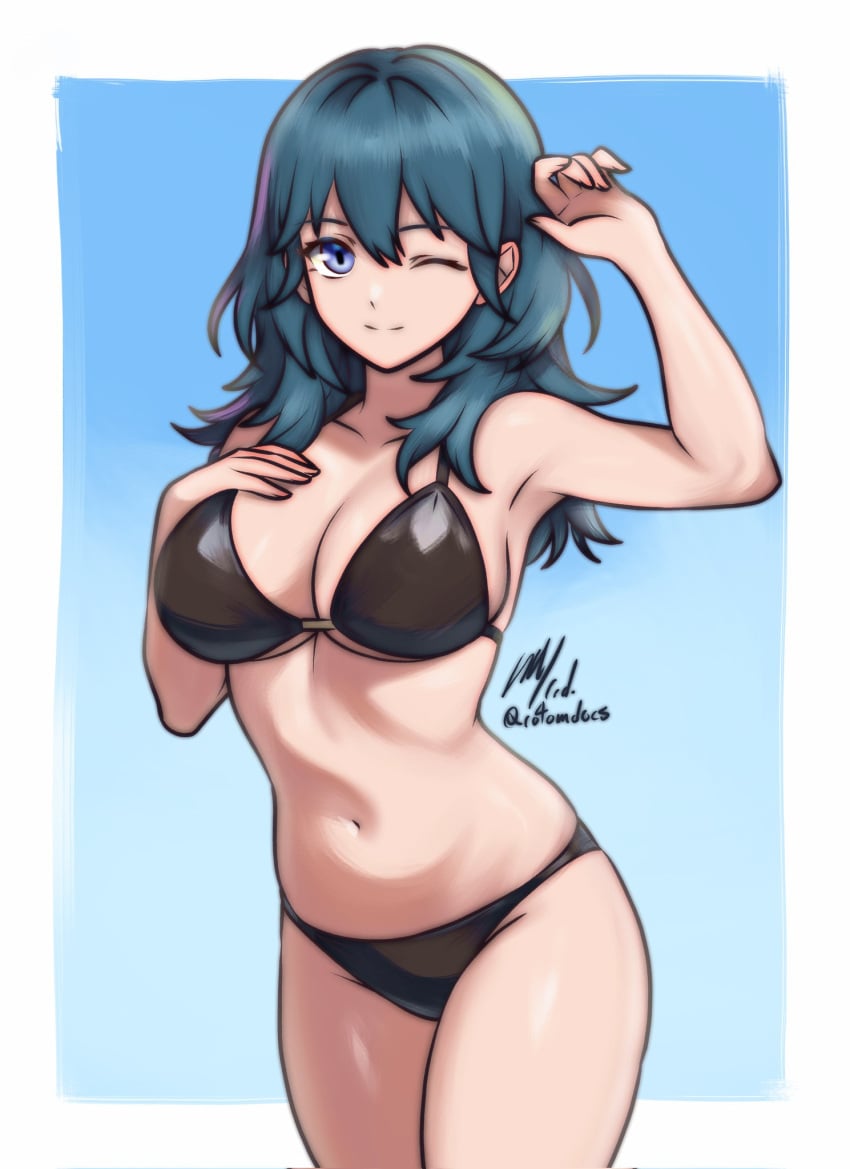 ;) bikini black_bikini blue_eyes byleth_(fire_emblem) byleth_(fire_emblem)_(female) cleavage cowboy_shot female fire_emblem fire_emblem:_three_houses hand_on_own_chest highres large_breasts long_hair navel nintendo one_eye_closed rotomdocs smile solo swimsuit teal_eyes teal_hair