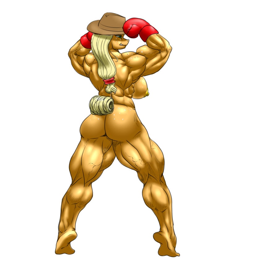 1:1 anthro applejack_(mlp) ass back_muscles biceps big_breasts big_muscles boxing_gloves breasts clothing cowboy_hat equid equine female flexing freckles friendship_is_magic hair handwear hasbro hat hat_only headgear headgear_only headwear headwear_only hellbridge hi_res horse mammal mostly_nude muscular muscular_anthro muscular_female my_little_pony nipples pony ponytail side_boob simple_background smile solo vein white_background