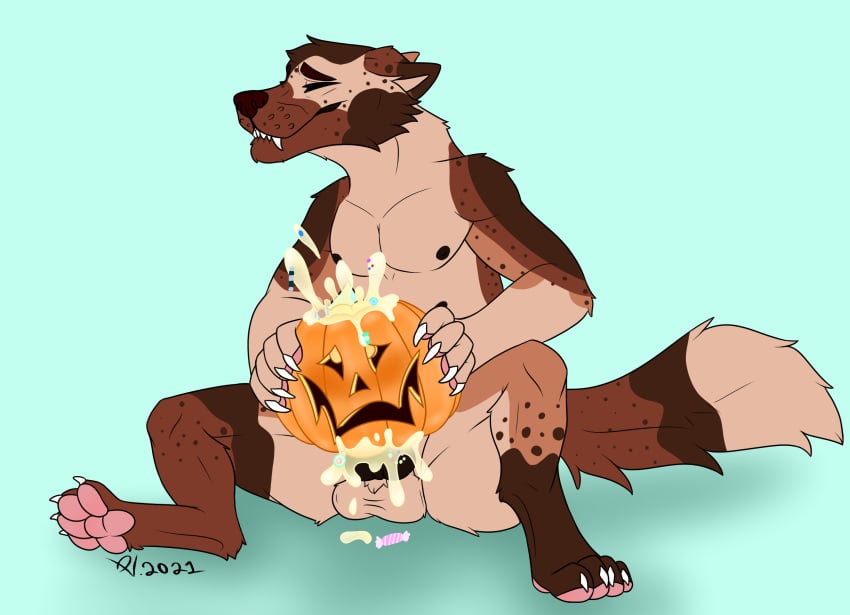 1boy anthro balls bodily_fluids brown_body brown_fur candy canid canine canis cum cum_in_pumpkin cum_inside dessert ejaculation erection food food_fetish fruit fucking_pumpkin fur genital_fluids genitals halloween hi_res holidays hybrid jack-n'-lantern jack-o'-lantern littlelionman littlelionmans_puppy male mammal masturbation nipples nude object_penetration pawpads paws penetration penis pink_pawpads plant pumpkin sex simple_background smile solo