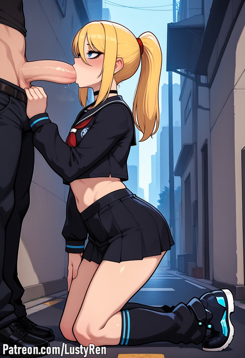 ai_generated blonde_hair blue_eyes fellatio femboy genderswap_(ftm) huge_cock lustyren metroid midriff otoko_no_ko penis samus_aran school_uniform