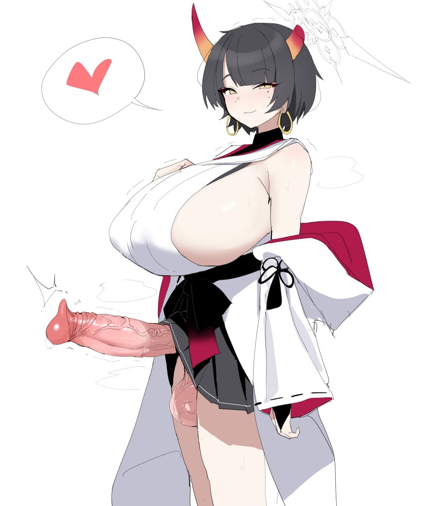 absurdres black_hair blue_archive blush breasts commentary_request detached_sleeves earrings erection female futanari halo heart highres hoop_earrings huge_breasts huge_cock japanese_clothes jewelry kimono korean_commentary large_testicles looking_at_viewer mole mole_under_eye niya_(blue_archive) penis short_hair simple_background smile solo spoken_heart standing testicles uncensored white_background white_kimono white_sleeves xipa yellow_eyes