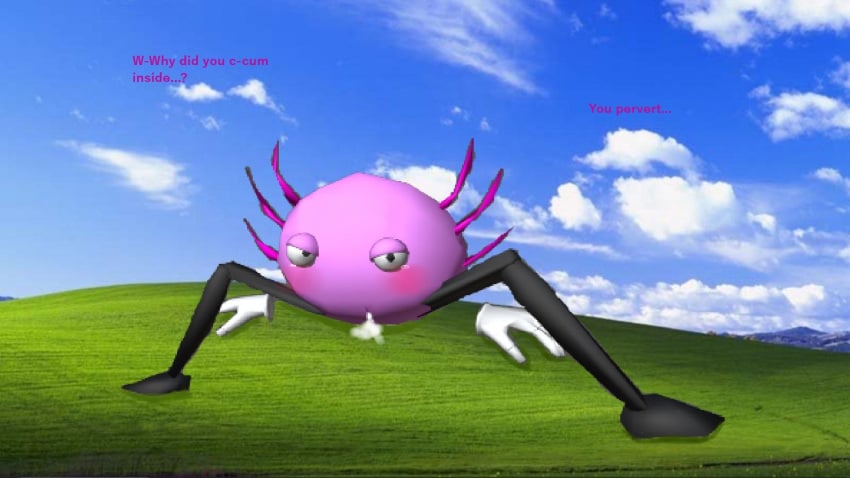 3d angry_expression axolotl black_legs blender blender3d blender_(software) bliss_(image) blue_sky blush canon_design circle_head clouds cum cum_dripping_out_of_pussy cum_in_pussy cum_inside cuntboy floating_hands gay gills grass intersex kinito kinito_the_axolotl kinitopet legs_spread looking_at_viewer non-human pink_head pink_text pussy tears tears_of_pleasure text white_gloves windows_xp