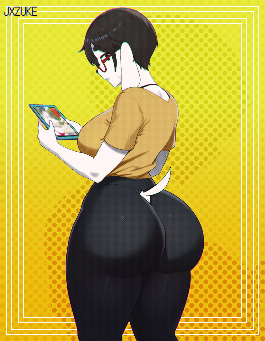 2024 5_fingers anthro artist_name ass big_butt black_bottomwear black_clothing black_hair black_leggings black_legwear bottomwear bracelet breasts butt_cleavage butt_focus canid canine canis circle_eyebrows clothing dark_hair digital_media_(artwork) domestic_dog eyebrows eyewear female fingers floppy_ears fur furgonomic_bottomwear furgonomics glasses glistening glistening_hair hair halftone hi_res holding_object hunting_dog jewelry jxzuke leggings legwear looking_at_tablet mammal mature_anthro mature_female mixed_breed mochi_(jxzuke) narrowed_eyes pants pattern_background portrait rear_view red_eyewear red_glasses scent_hound shiba_inu shirt simple_background simple_eyes solo spitz sweater tail text thick_thighs three-quarter_portrait tight_bottomwear tight_clothing tight_pants topwear wearing_glasses white_body white_ears white_face white_fur white_tail yellow_clothing yellow_shirt yellow_topwear yoga_pants