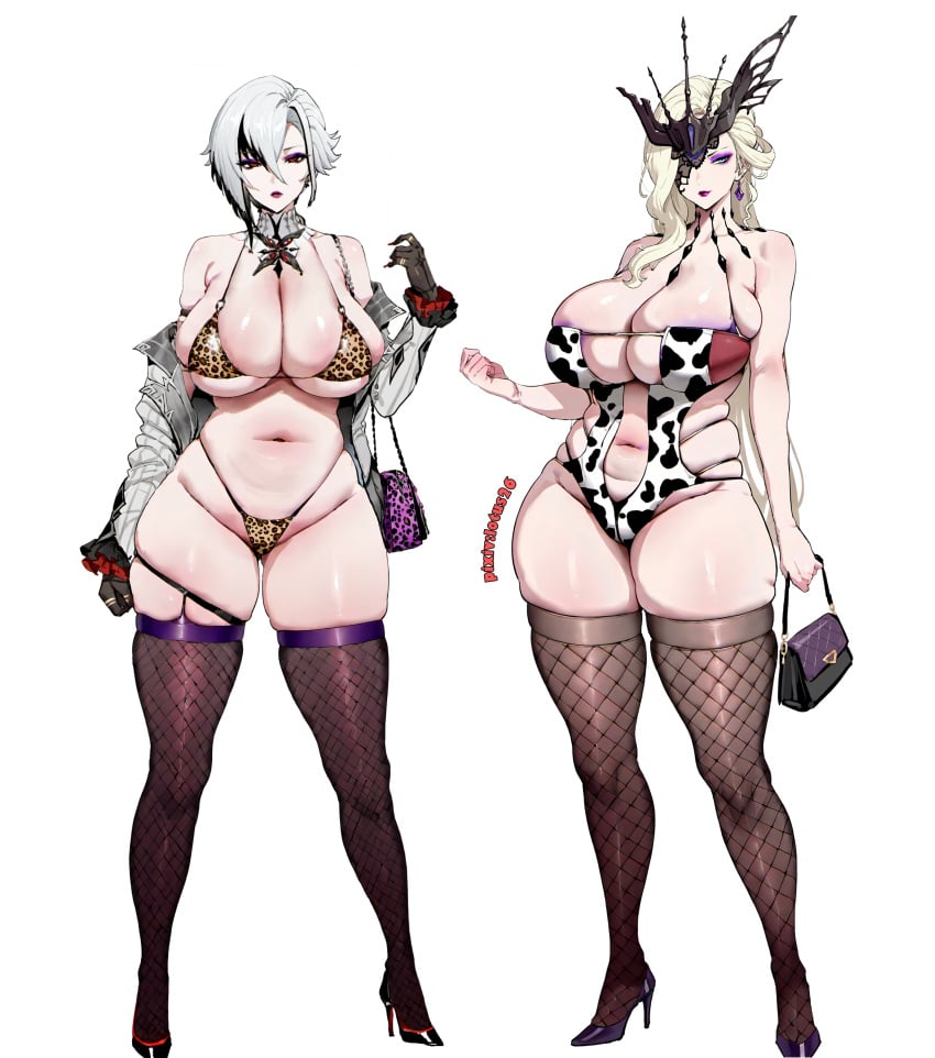 2girls arlecchino_(genshin_impact) cougar female female_only genshin_impact gigantic_breasts hag huge_breasts lotus26 revealing_clothes signora_(genshin_impact) skimpy skindentation slightly_chubby thick_thighs tight_clothing voluptuous