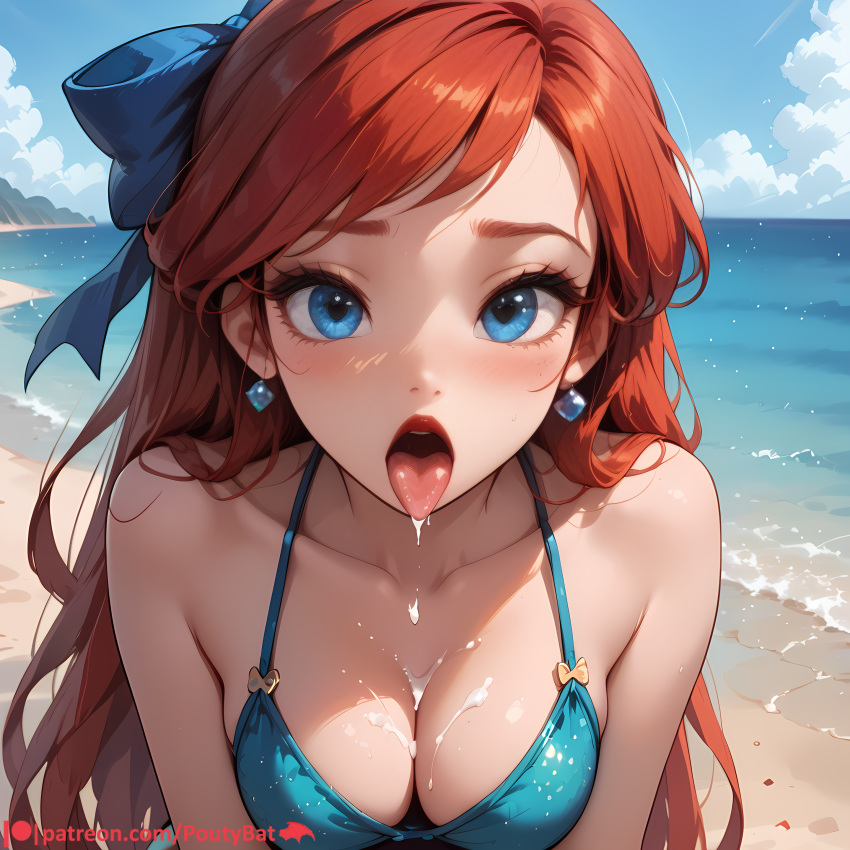 1girls ai_generated ariel ariel_(the_little_mermaid) beach beach_background bikini blue_eyes blush blush breasts cum_dripping_from_mouth cute cute_face disney disney_princess female hairbow horny horny_female looking_at_viewer open_mouth poutybat red_hair red_head tease the_little_mermaid the_little_mermaid_(1989_film) the_little_mermaid_ii:_return_to_the_sea white_skin white_skinned_female