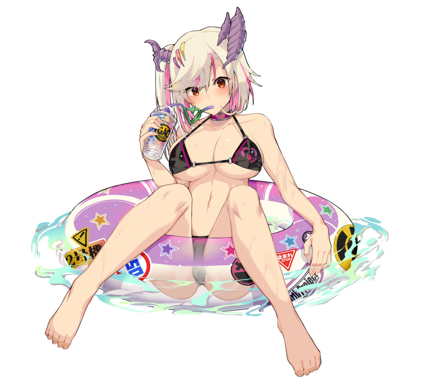 1girls barefoot bikini black_bikini blonde_hair blush breasts cleavage drinking_straw highres horns innertube large_breasts long_hair looking_at_viewer multicolored_hair navel pink_hair r_project red_eyes satou_daiji side_ponytail smile solo swim_ring swimsuit tsuzura_amo two-tone_hair virtual_youtuber water wet white_background