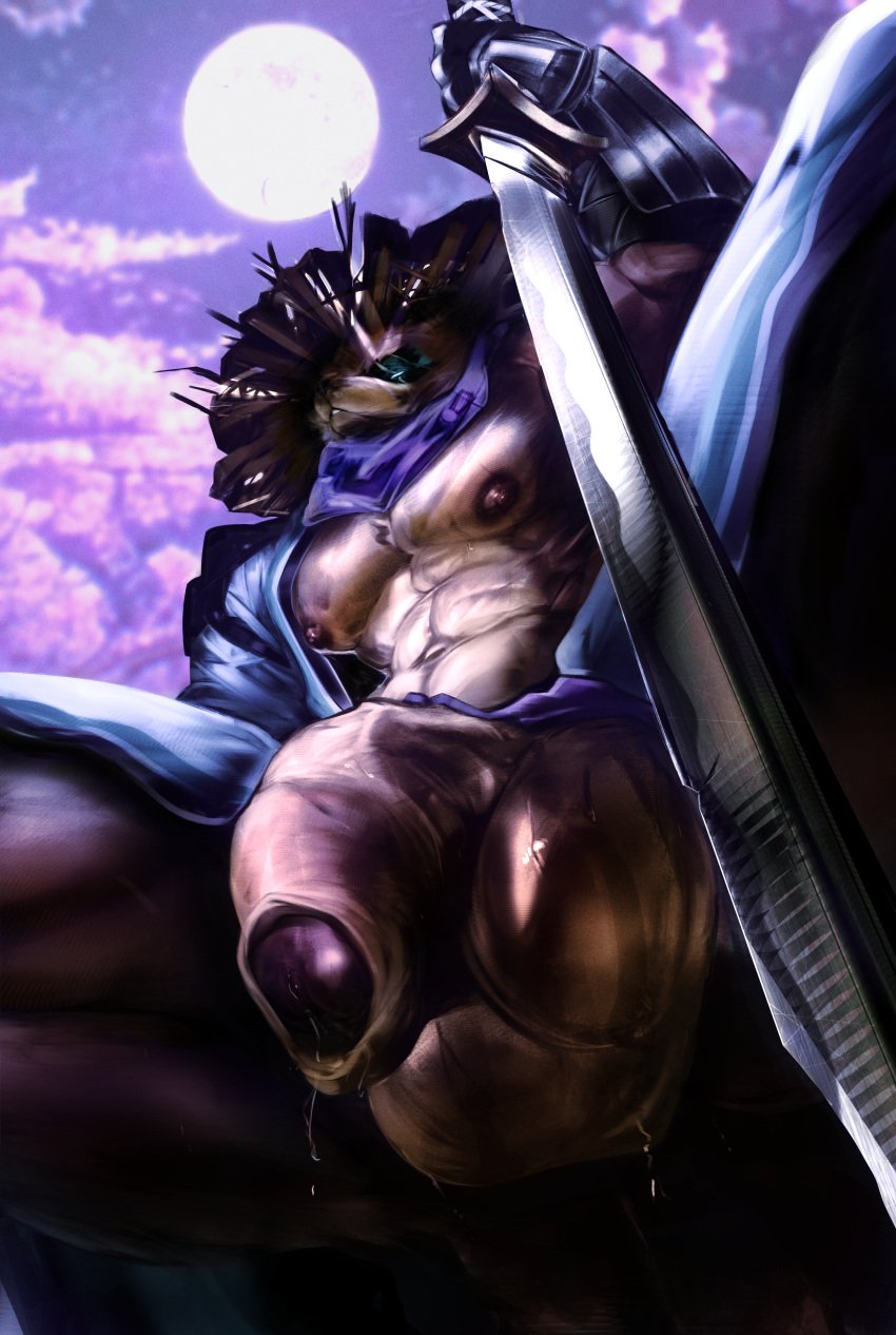 2025 5_fingers abs absurd_res anthro asian_clothing ass balls bodily_fluids brown_body brown_fur bulge canid canine cherry_blossom clothed clothing crouching digital_media_(artwork) east_asian_clothing epic_games eye_scar facial_scar fingers flaccid flower fortnite fur genital_fluids genital_focus genitals hair hajime_(fortnite) hat headgear headwear hi_res holding_object holding_weapon humanoid_genitalia humanoid_penis japanese_clothing katana kimono light looking_at_viewer low-angle_view male male/male mammal melee_weapon moonlight muscular muscular_male nipples nude open_mouth pecs penis penis_focus plant prunus_(flower) raccoon_dog scar scarf simple_background solo straw_hat sweat sword tanuki topwear weapon yo_zee