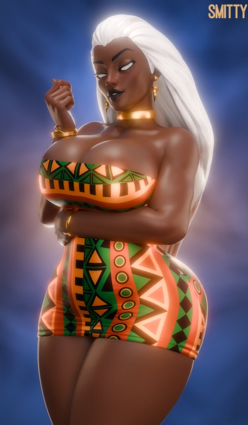 3d 3d_(artwork) african african_female big_breasts breasts clothed clothed_female collar confident confident_female confident_smile dark-skinned_female dark_skin dress female female_focus female_only long_hair long_hair_female looking_at_viewer marvel marvel_comics mutant mutant_(marvel) ororo_munroe pupilless_eyes smile smiling smiling_at_viewer smitty34 solo solo_female solo_focus storm_(x-men) x-men