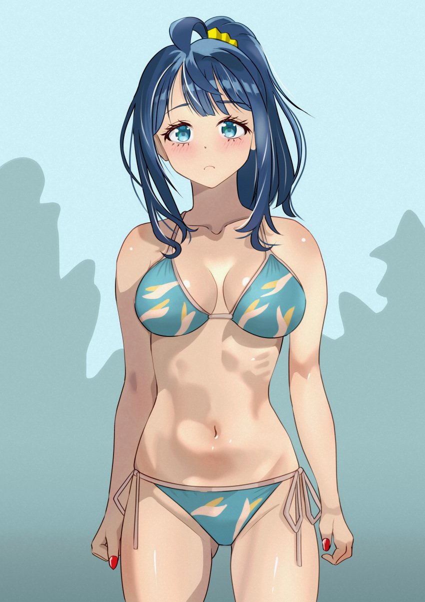 1girls alternate_hairstyle big_breasts bikini blue_bikini blue_eyes blue_hair blue_sky blush breasts busty cleavage day expressionless female female_only front-tie_bikini_top front-tie_top groin highres kousan large_breasts legs looking_at_viewer make_heroine_ga_oo_sugiru! medium_hair multicolored_bikini multicolored_clothes nail_polish navel ponytail pose posing red_nails sensual side-tie_bikini_bottom sky solo swimsuit thighs toned voluptuous yanami_anna