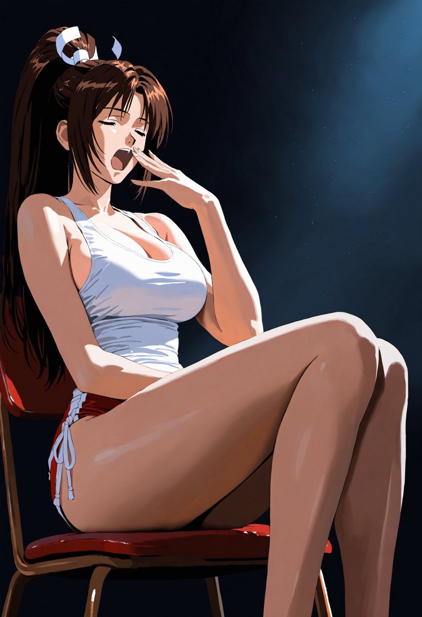 ai_generated bangs bare_arms bare_legs bare_shoulders blush breasts brown_hair chair cleavage closed_eyes clothing dress fatal_fury female female hand_to_own_mouth high_ponytail king_of_fighters large_breasts legs long_hair mai_shiranui open_mouth pantsu ponytail sitting sleeveless solo tagme tank_top thighs tied_hair underwear yawning