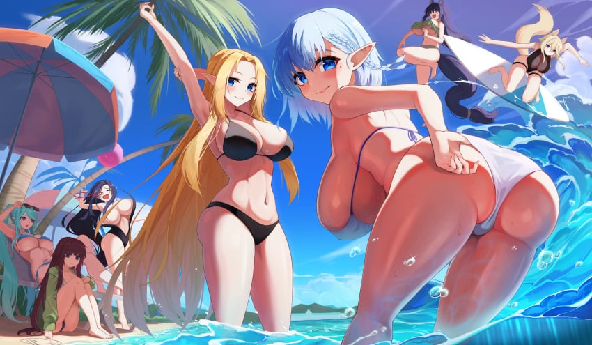 6+girls absurdres adjusting_clothes adjusting_swimsuit alpha_(kage_no_jitsuryokusha_ni_naritakute!) animal_ears aqua_hair armpits ass backboob beach beach_chair beach_umbrella beta_(kage_no_jitsuryokusha_ni_naritakute!) bikini black_bikini black_one-piece_swimsuit blue_bikini blue_eyes blush breasts cleavage closed_mouth delta_(kage_no_jitsuryokusha_ni_naritakute!) elf epsilon_(kage_no_jitsuryokusha_ni_naritakute!) eta_(kage_no_jitsuryokusha_ni_naritakute!) eyebrows_hidden_by_hair frilled_bikini frills from_behind full_body gamma_(kage_no_jitsuryokusha_ni_naritakute!) green_jacket hair_between_eyes highres hiyoku huge_ass huge_breasts jacket kage_no_jitsuryokusha_ni_naritakute! lips long_hair looking_at_another looking_at_viewer multiple_girls navel ocean one-piece_swimsuit open_mouth palm_tree pointy_ears purple_eyes sand_writing shadow short_hair sitting skindentation smile stomach stretching surfboard surfing swimsuit tail tree twintails umbrella underboob very_long_hair wardrobe_malfunction white_bikini wolf_ears wolf_girl wolf_tail zeta_(kage_no_jitsuryokusha_ni_naritakute!)