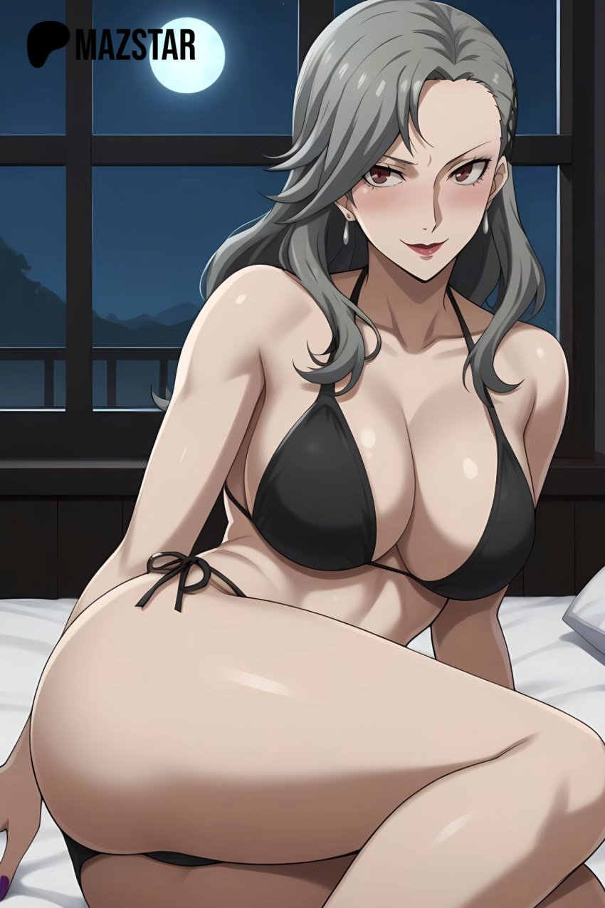 ai_generated bed bedroom big_ass big_breasts big_thighs black_bikini black_bikini_top black_panties blush eyelashes grey_hair grey_hair_female lipstick looking_at_viewer mazstar megami_tensei megami_tensei_persona night persona_5 sae_niijima sitting_on_bed smile thick thick_ass thick_legs thick_thighs