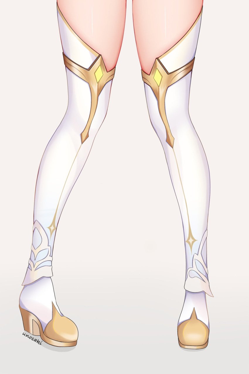 alternate_version_available boots female genshin_impact high_heels highres leg_up legs legs_apart lumine_(genshin_impact) single_thighhigh solo thick_thighs thigh_boots thighhighs thighs unosaki2 watermark white_thighhighs