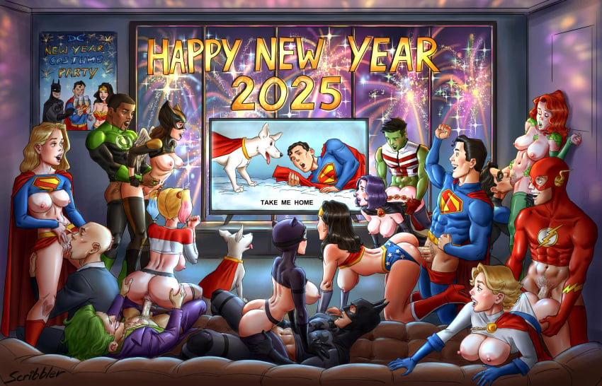 2025 2d abs anus balls batman batman_(bruce_wayne) batman_(series) beast_boy breasts bruce_wayne casual catwoman clark_kent clothing dark_skin dc dc_comics dick_grayson electronics female gangbang garfield_logan green_lantern green_lantern_(series) group happy_new_year harley_quinn hawkgirl human joker justice_league krypto lex_luthor male muscular muscular_male nightwing orgy pale_skin penis poison_ivy power_girl pussy raven_(dc) scribbler sex supergirl superman superman_(clark_kent) superman_(series) tagme teen_titans television the_flash wonder_woman wonder_woman_(series)