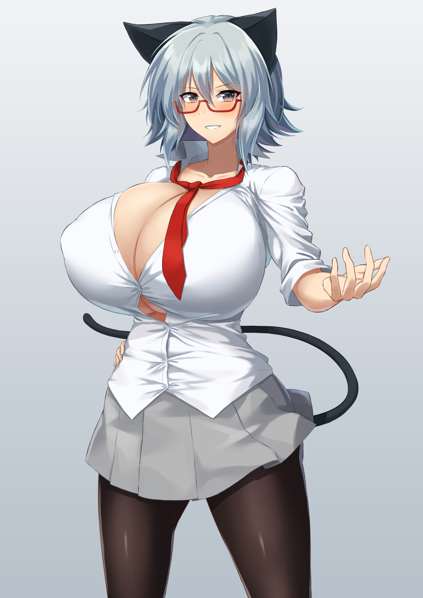 100_percent_orange_juice 1girls animal_ears blush breasts button_gap cat_ears cleavage daien_(daien418) dress_shirt eyewear female female_only glasses gradient_background grey_hair hair_between_eyes hand_on_hip huge_breasts light-skinned_female light_skin looking_at_viewer no_bra pantyhose qp_shooting school_uniform short_hair skirt smile solo tie yuki_(qp_shooting)