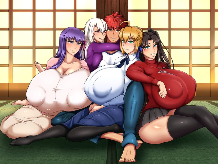 1boy 4girls artoria_pendragon big_breasts big_nipples blonde_hair dark_hair emiya_shirou fate/hollow_ataraxia fate/stay_night fate_(series) giant_breasts harem illyasviel_von_einzbern masa massive_breasts matou_sakura nipple_bulge nipples_visible_through_clothing purple_hair red_hair saber thick_thighs thighs tohsaka_rin white_hair white_skin younger_female younger_male