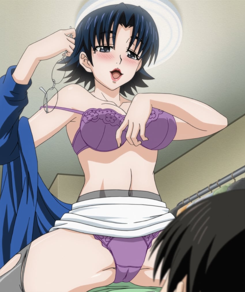 1boy 1girls animated black_hair blue_eyes blush bra cowgirl_position female_teacher female_teacher_and_male_student glasses honnami_shouko lipstick medium_breasts mole mole_under_eye nozoki_ana panties pantyhose purple_bra purple_panties screencap short_hair short_hair_female skirt spread_legs stitched teacher teacher_and_student torn_clothes undressing white_skirt