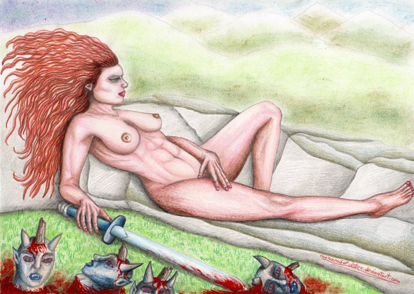 1girls abs ancient_history bodypaint boudica boudica_(boadicea) brittania decapitated_head facepaint female female_only history human human_only light-skinned_female light_skin lying nude nude_female public_domain red_hair sword thehoundofulster weapon