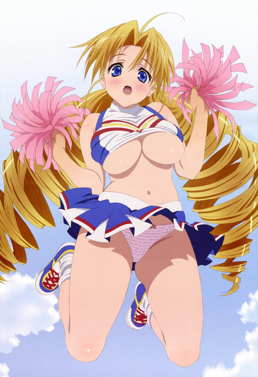 1girls ahoge blonde_hair blue_eyes blush breasts cheerleader cleavage clothing cloud drill_hair female footwear highres huge_breasts ladies_versus_butlers! large_breasts long_hair no_bra no_nipples no_nose nyantype official_art panties pantyshot pom_poms sernia_iori_flameheart shirt shirt_lift skirt sky socks solo tied_hair twintails underboob underwear very_long_hair wardrobe_malfunction