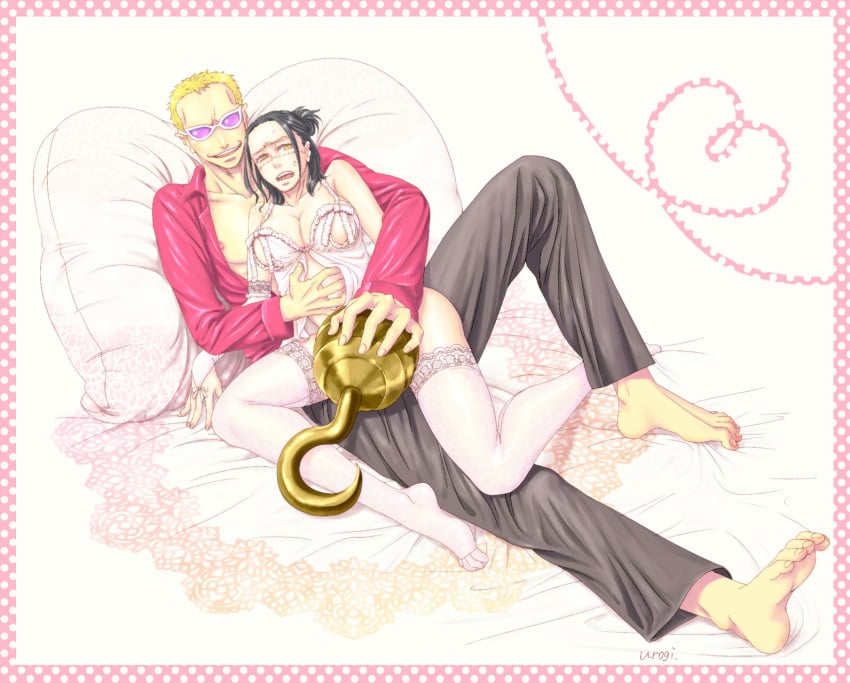 barefoot beige_skin black_hair blonde_hair clothes color donquixote_doflamingo female hair hook human male one_piece pants pillow rule_63 short_hair sir_crocodile straight_hair