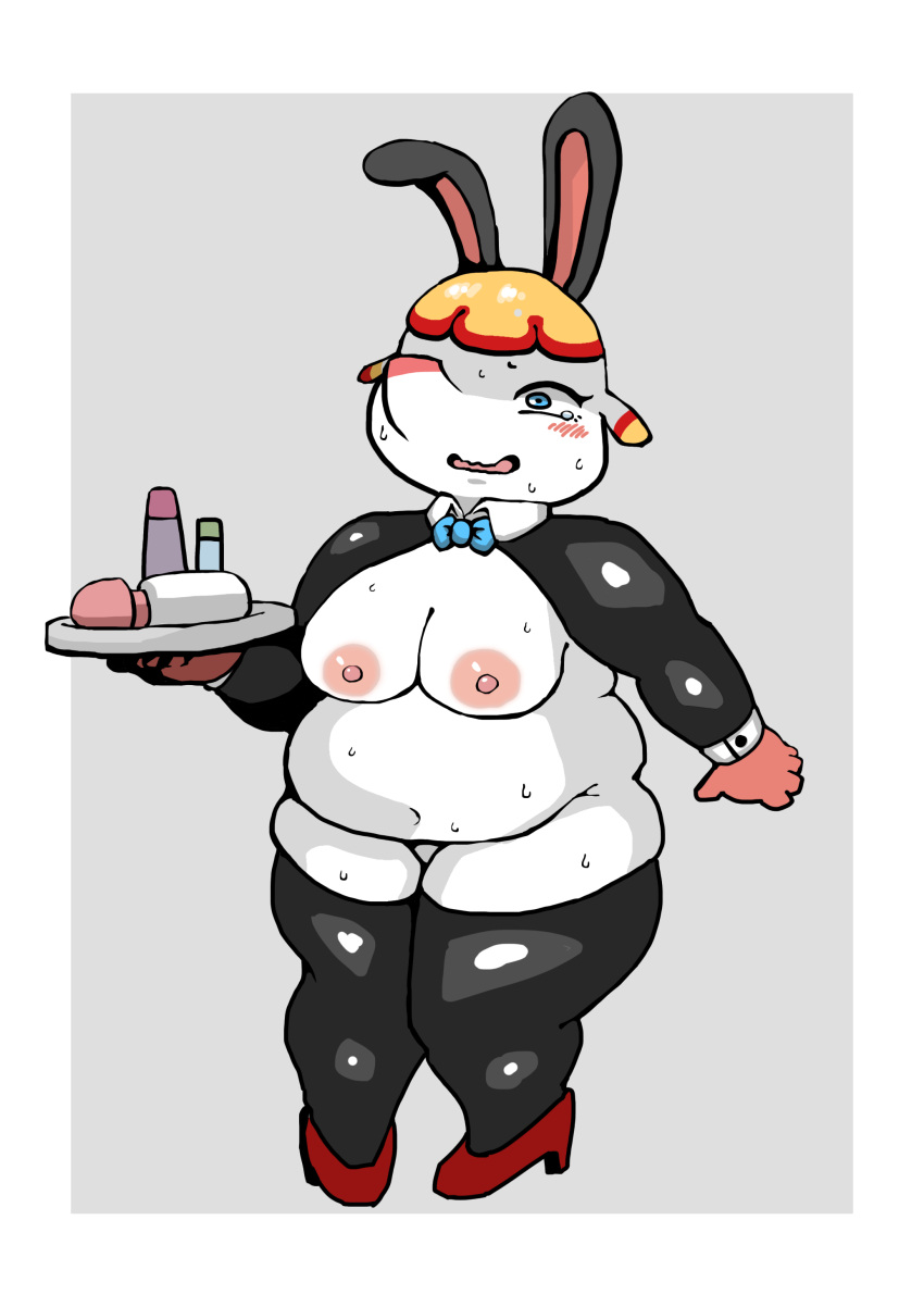 absurd_res animal_crossing anthro armwear big_breasts bodily_fluids breasts clothing elbow_gloves elephantid embarrassed fake_ears female gloves handwear hi_res high_heels legwear mammal margie_(animal_crossing) nintendo proboscidean reverse_bunny_costume simple_background slightly_chubby solo sweat tears thigh_highs video_games wayazao