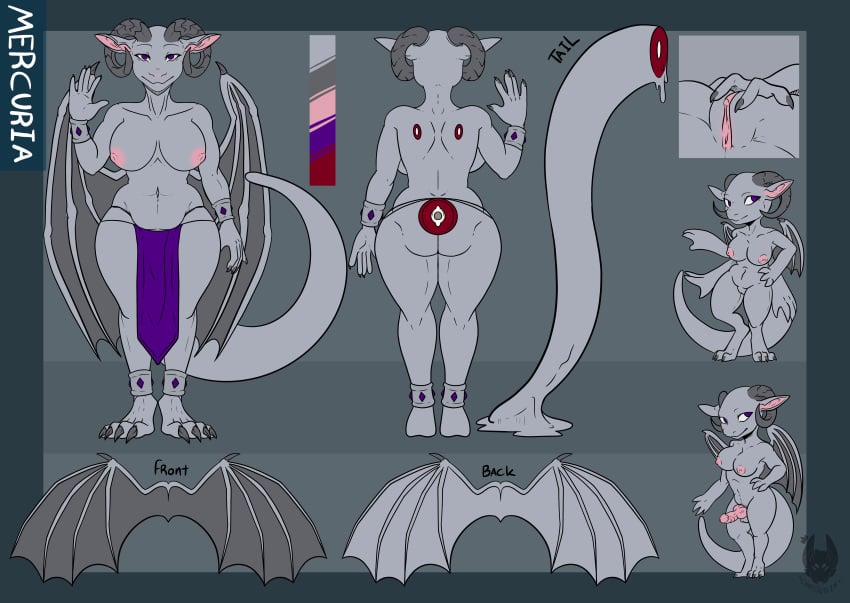 absurd_res ambiguous_gender anthro balls bottomwear breasts charonnix claws clothed clothing dragon female futanari genitals goo_(disambiguation) grey_body grey_scales gynomorph hi_res horn intersex jewelry knot loincloth model_sheet multi_arm multi_limb nude partially_clothed penis purple_eyes pussy scales solo wings