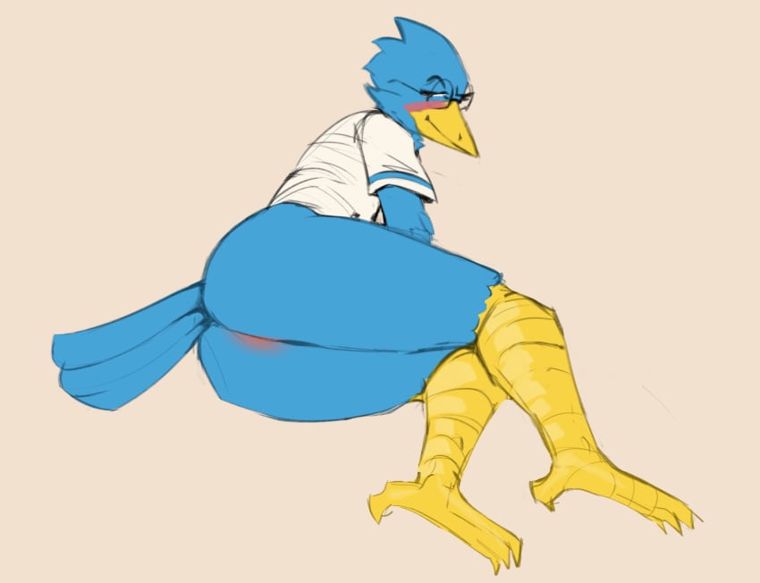 4_toes anus ass avian beak berdly bird blue_body blue_feathers blush bottomless clothed clothing deltarune eyewear feathers feet glasses half-closed_eyes hi_res looking_at_viewer looking_back lying male male_only narrowed_eyes ombwie on_side presenting presenting_hindquarters shirt simple_background smile smug solo solo_male tail_feathers talons toes topwear undertale_(series) video_games yellow_beak