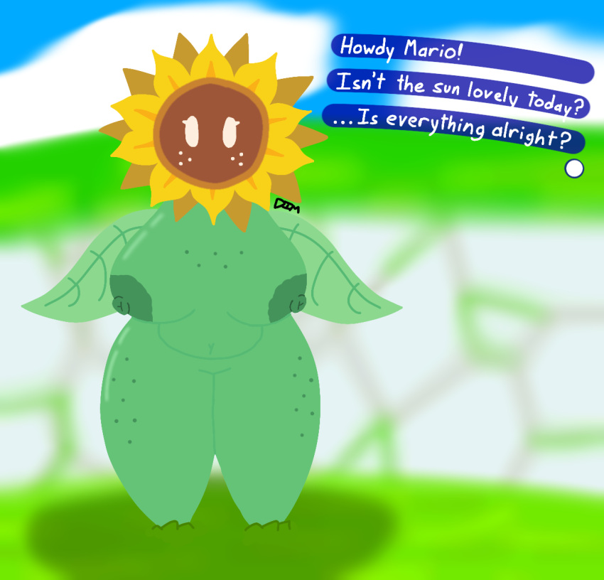 1girls anthro big_breasts big_thighs breasts busty curvy dialogue dimsun elemental_creature english_text female female_only flora_fauna flower flower_creature freckles great_sunflower hi_res huge_breasts huge_thighs large_breasts large_thighs looking_at_viewer mario_(series) name_drop nintendo nipples part_1 plant plant_humanoid slightly_chubby solo super_mario_sunshine tagme text thick thick_hips thick_thighs thighs video_games wide_hips