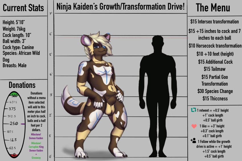 abstract_background african_wild_dog animal_genitalia anthro ball_tuft balls blonde_hair blue_eyes blue_nose canid canine comparison digitigrade english_text fully_sheathed genitals growth growth_drive hair hair_over_eye hi_res kaiden long_hair male mammal nails navel ninja_kaiden nipples nude one_eye_obstructed runes sheath slightly_chubby solo standing text transformation tuft