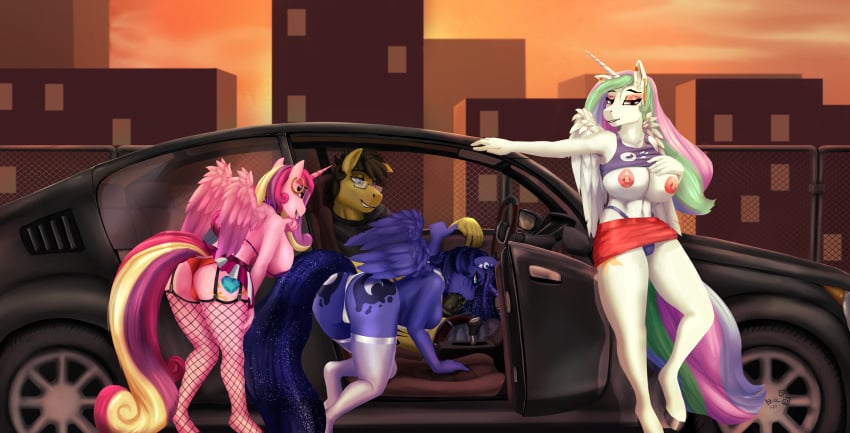 alicorn anthro ass big_breasts bottomwear breasts camel_toe car choker clothed clothing clothing_lift cutie_mark dock ear_piercing ear_ring equid equine exposed_breasts fellatio female fishnet fishnet_legwear fishnet_thigh_highs friendship_is_magic garter_straps genitals group hasbro hi_res hoop_ear_ring horn jewelry legwear male male/female mammal mik3thestrange miniskirt my_little_pony necklace nipple_piercing nipples oral panties penile penis piercing princess_cadance_(mlp) princess_celestia_(mlp) princess_luna_(mlp) prostitution raised_tail sex shirt shirt_lift skimpy skirt thong topwear underwear upskirt vehicle wings